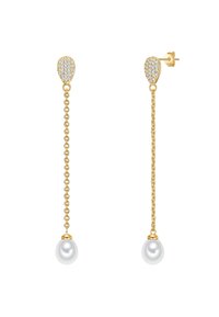 Gouden oorbellen met een kettingontwerp, met een druppelaccent bezet met kristallen en een parelpendel aan het einde. Soepele, elegante textuur.