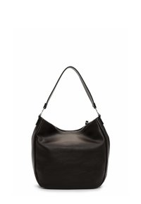 Sac à main en cuir noir avec une forme douce et arrondie, fermeture zippée et une bandoulière élégante. Présente une texture lisse et un design minimaliste.