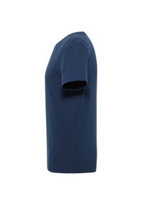 Marineblaues T-Shirt mit Rundhalsausschnitt aus Baumwolle. Kurze Ärmel, normale Passform, glatte Textur, mit leichtem Stretch und ohne sichtbare Muster oder Akzente.