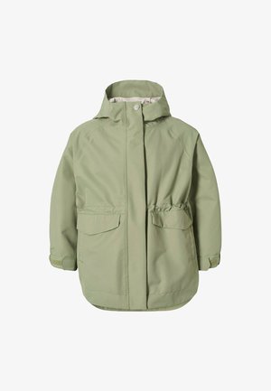 Chaqueta con capucha de color verde claro con cremallera frontal, cierre de botones a presión, cintura ajustable, dos bolsillos con solapa y puños con velcro.