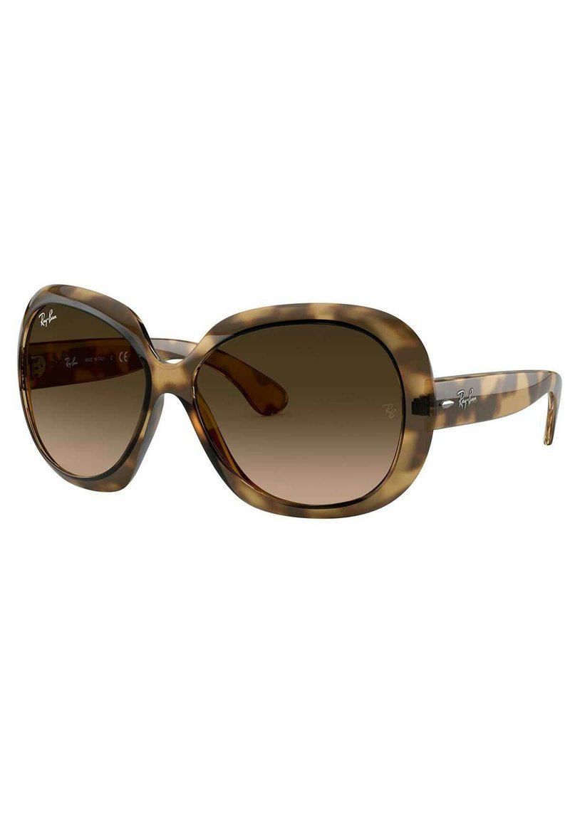 Occhiali da sole tortoise brown con lenti sovradimensionate e arrotondate e sfumatura marrone. Presentano il logo Ray-Ban sull'astina e una montatura elegante e liscia.