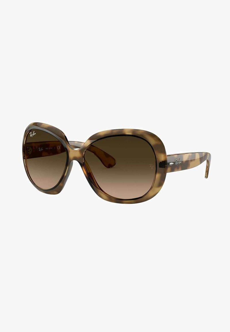 Occhiali da sole tortoise brown con lenti sovradimensionate e arrotondate e sfumatura marrone. Presentano il logo Ray-Ban sull'astina e una montatura elegante e liscia.