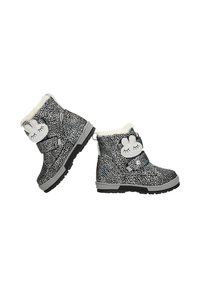 Zwart-witte gestreepte winterlaarzen met nepbontafwerking, een bevestigingsriem en een konijnengezichtdetail aan de zijkant. Textuur rubberen zool.