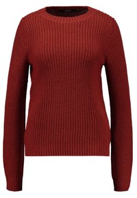 Pull en tricot rouge avec un motif texturé, col rond, manches longues, et poignets ainsi que base côtelés. Fait d'un matériau doux et chaud.