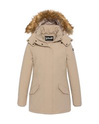 Beige vinterjakke med aftagelig hætte med pelsfor, lynlås lukning foran, trykknapper og to sidelommer. Glat tekstur og skræddersyet pasform.