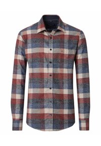 Koszula na długi rękaw z guzikami, w kratę w kolorach czerwonym, niebieskim i kremowym. Wykonana z fakturowanej tkaniny, z kołnierzykiem i zapięciem na guziki z przodu.