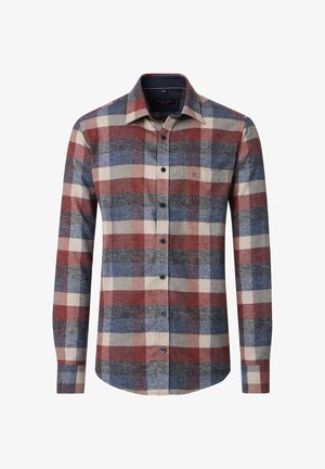 Overhemd met lange mouwen en knopen, in een geruit patroon van rood, blauw en crème. Gemaakt van gestructureerde stof met een omgeslagen kraag en knoopsluiting aan de voorkant.