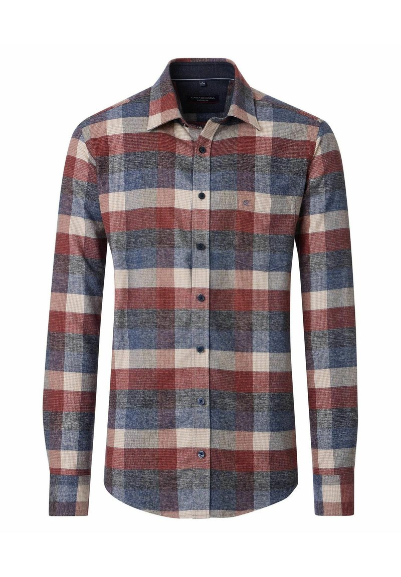 Koszula na długi rękaw z guzikami, w kratę w kolorach czerwonym, niebieskim i kremowym. Wykonana z fakturowanej tkaniny, z kołnierzykiem i zapięciem na guziki z przodu.
