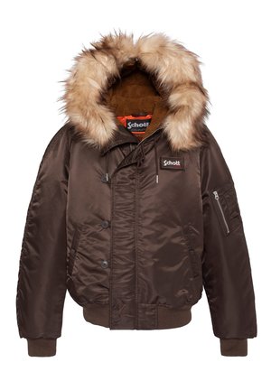 Braune Bomberjacke mit pelzgefütterter Kapuze, vorderen Knöpfen, Reißverschlusstasche am Ärmel und Schott-Logo-Patch auf der Brust.