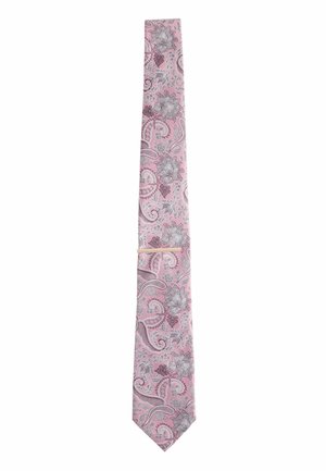 Pink tie with gray and white floral paisley pattern and a slim beige tie clip on a white background.