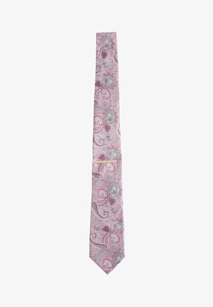 Pink tie with gray and white floral paisley pattern and a slim beige tie clip on a white background.