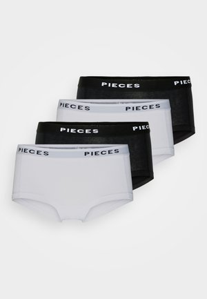 Četiri para kratkih gaćica od mješavine pamuka u crnoj i bijeloj boji, s elastičnim pojasom na kojem se nalazi logo "PIECES" u kontrastnom bijelom tekstu.