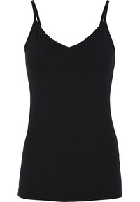 Black sleeveless top with a V-neckline, made from soft fabric. Features thin straps and a fitted silhouette, designed for casual wear.