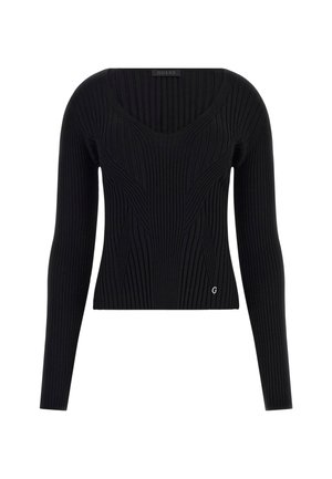 Sorte ribbede langærmede sweater med V-udskæring, der har teksturerede designdetaljer og en lille metallisk logoaccent ved kanten.