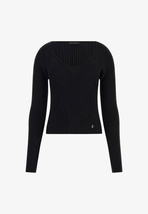 Fekete bordázott hosszúujjú pulóver V-kivágással, texturált dizájn részletekkel és egy apró fém logóval a szegélyen.