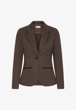 Brown tailored blazer with a single button closure, notched lapels, two front pockets, and subtle texture, ideal for formal or business wear.