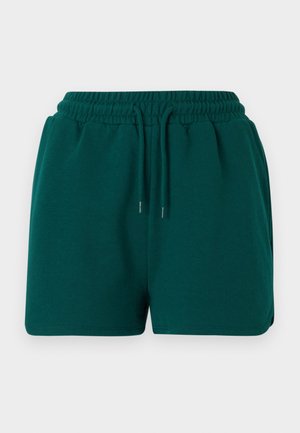 Shorts vert foncé à taille élastique avec cordon, poches latérales et texture de tissu lisse, présentés sur un fond uni.