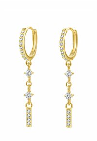 Goldene Creolenohrringe mit einer Reihe klarer Edelsteine und einem hängenden Akzent mit weiteren klaren Steinen, die ein geschichtetes Design erzeugen.