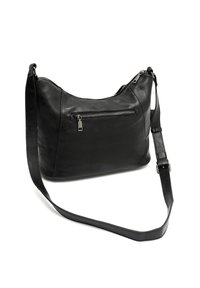 Borsa a tracolla in pelle nera con forma curva, tracolla singola regolabile e tasca frontale con zip. Texture liscia con hardware minimale.