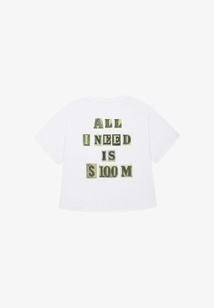 White t-shirt featuring the text “ALL I NEED IS $100 M” in bold, colorful lettering, arranged in a playful format.