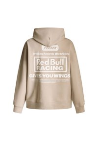 Sudadera beige con una gran capucha, que presenta texto y gráficos en blanco en la espalda. El material parece suave; el diseño incluye marca y frases motivacionales.