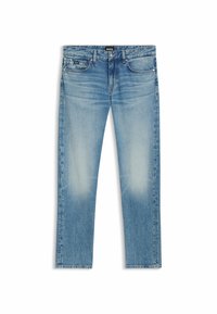 Jean en denim bleu clair avec une coupe droite, des zones décolorées et deux poches avant. Étiquette de marque visible à la taille.