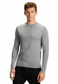 Graues Langarm-Shirt mit Rundhalsausschnitt aus einem weichen, glatten Stoff. Hat ein körpernahes Design und gerippte Bündchen sowie einen gerippten Saum.