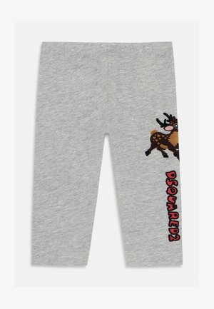 Grå bomull tights med et reinsdyrmotiv på venstre lår og teksten "DSQUARED2" i rødt langs høyre side.
