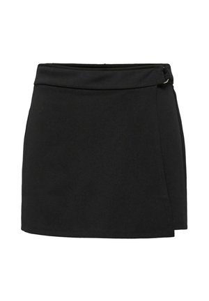 Mini-jupe noire style portefeuille avec une ceinture à la taille et un détail de boucle sur le côté, fabriquée en tissu uni.