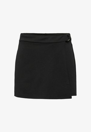 Mini-jupe noire style portefeuille avec une ceinture à la taille et un détail de boucle sur le côté, fabriquée en tissu uni.
