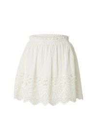 Witte katoenen rok met een geraffineerde tailleband, met ingewikkelde geborduurde uitsparingen langs de zoom in een geschulpte patroon.