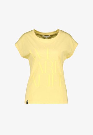 Hellgelbes T-Shirt mit kurzen Ärmeln und Rundhalsausschnitt, vorne mit schwach sichtbarem großen Schriftzug „WE ARE A LIFE".