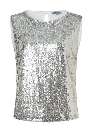 Ärmelloses silbernes Pailletten-Oberteil mit rundem Ausschnitt und kleinem Schlitz mit Knopfverschluss hinten, glänzender und reflektierender Stoff.