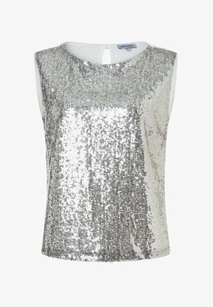 Mouwloze zilveren top met pailletten, ronde halslijn en keyhole-knopsluiting aan de achterkant, glanzende en reflecterende stof.