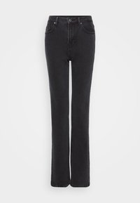 High-waisted black denim jeans with a straight-leg cut, featuring five pockets and a front button closure. Smooth texture and minimal stitching.