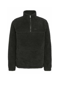 Pull en polaire noir avec demi-fermeture éclair, col haut, surface texturée et un petit logo sur la poitrine. Design doux, chaud et décontracté.