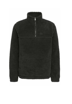 Mustapakarvafleece-puloveri, jossa on puolivetoketju, korkea kaulus, tekstuuri pinta ja pieni logo rinnassa. Pehmeä, lämmin ja rento muotoilu.