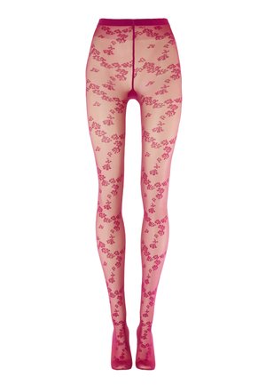 Collants roses transparents avec un motif floral en grappe et une ceinture ainsi que des zones des orteils unies roses, présentés sur un fond blanc.