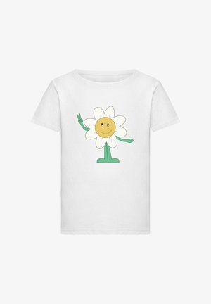 T-shirt en coton blanc arborant une fleur en cartoon avec un visage jaune, des bras verts et un geste de signe de paix, imprimée au centre.