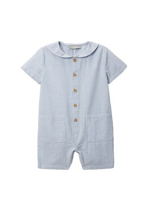 Combinaison bébé à manches courtes rayée bleu et blanc avec boutons en bois, poches avant et col arrondi.
