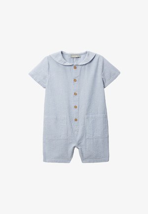 Combinaison bébé à manches courtes rayée bleu et blanc avec boutons en bois, poches avant et col arrondi.