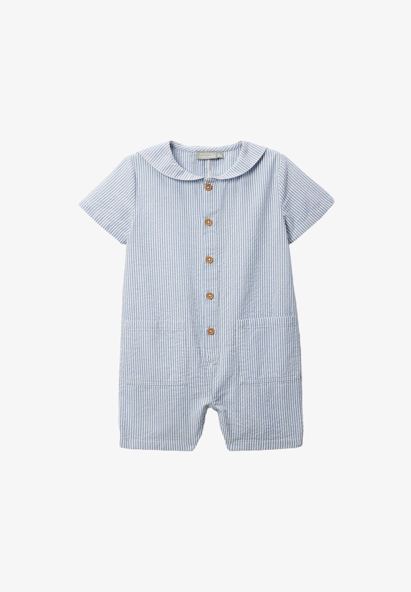 Combinaison bébé à manches courtes rayée bleu et blanc avec boutons en bois, poches avant et col arrondi.