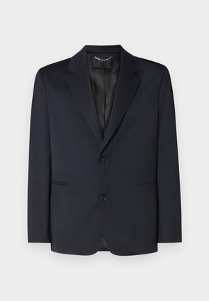 Temno moderna blazer iz gladkega blaga, ki ima izrezan ovratnik, dve gumbi in stranske žepe z diskretnimi pregibi.