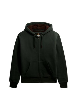 Felpa con zip di colore verde scuro, con un interno morbidissimo di colore marrone, tasche frontali e cappuccio con coulisse. Tessuto morbido, polsini e orlo a coste.