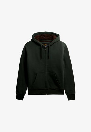 Sudadera con cremallera de color verde oscuro, con un interior marrón suave, bolsillos frontales y capucha con cordón ajustable. Tejido suave, puños y bajo acanalados.