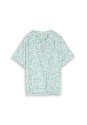 Hellblaue und weiße Kurzarmbluse mit abstraktem Blumenmuster, V-Ausschnitt, Knöpfen und elastischem Saum.