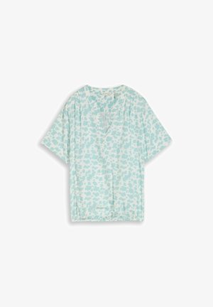 Hellblaue und weiße Kurzarmbluse mit abstraktem Blumenmuster, V-Ausschnitt, Knöpfen und elastischem Saum.