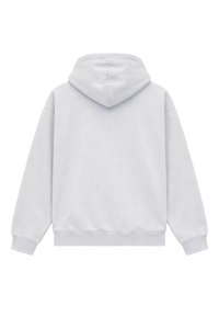 Sweat à capuche gris clair à manches longues, poignets et ourlet côtelés, vu de dos, design simple sans logos ni motifs visibles.