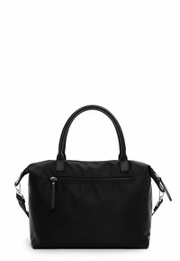 Zwarte nylon handtas met accenten van synthetisch leer, dubbele bovenhandvatten, afneembare schouderriem en een voorvak met rits. Overal een gladde textuur.