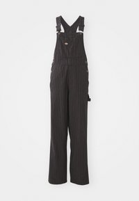 Schwarze Denim-Overalls mit weißen vertikalen Streifen, ausgestattet mit verstellbaren Trägern, einer Fronttasche und seitlichen Knöpfen für einen sicheren Sitz.